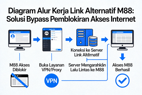 Diagram alur kerja link alternatif M88 sebagai solusi bypass pemblokiran akses internet