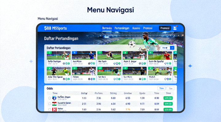 Gambaran antarmuka M88 MSports yang menampilkan daftar pertandingan, odds, dan menu navigasi