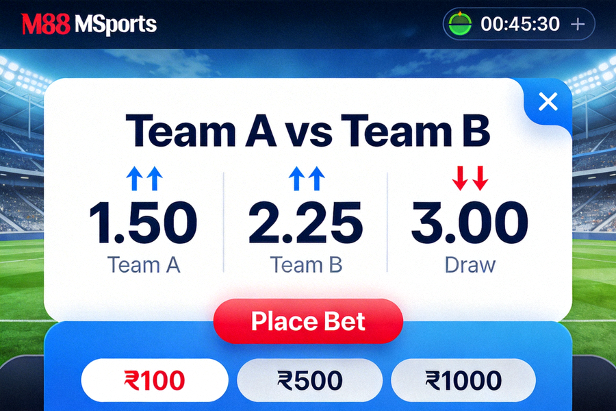 Tampilan live betting M88 MSports dengan odds yang berubah secara real-time selama pertandingan